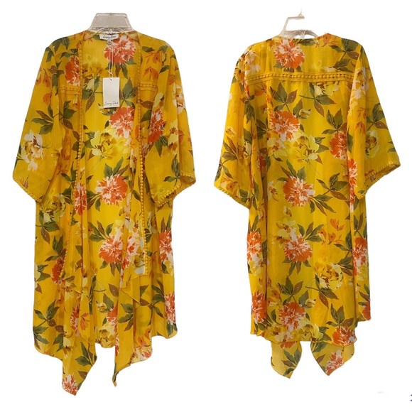 EMORY PARK Stitch Fix Landry Crochet Trim Open Kimono Yellow Floral Size Med New - Picture 2 of 8